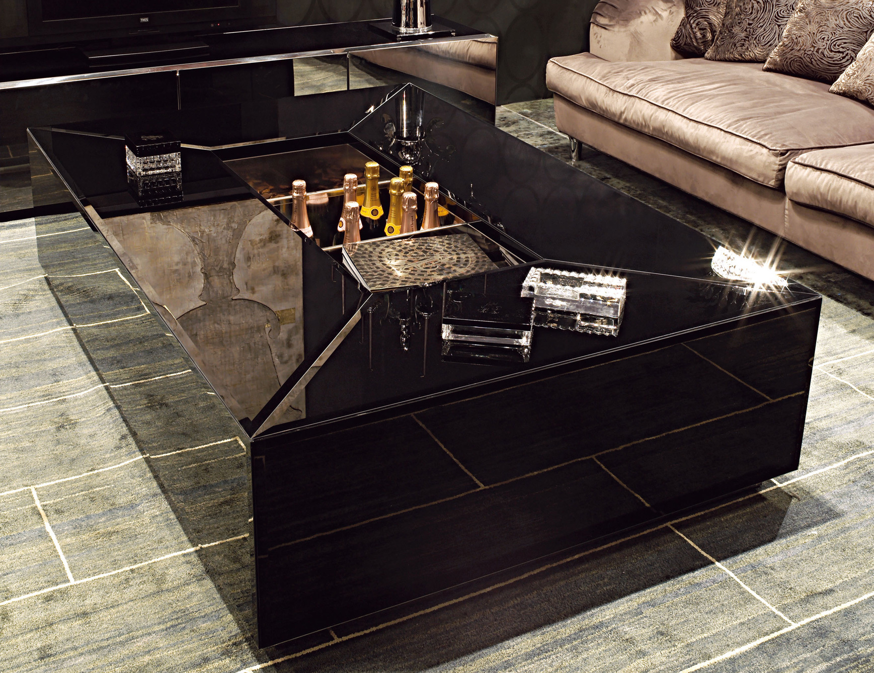 Glass Top Black Lacquered Dining Room Side Board