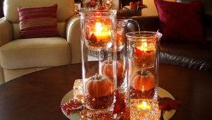 Fall Centerpiece For Coffee Table With Candles On Round Mirror
