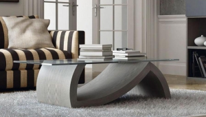 Grey Coffee Table With Glass Top And Wooden Base