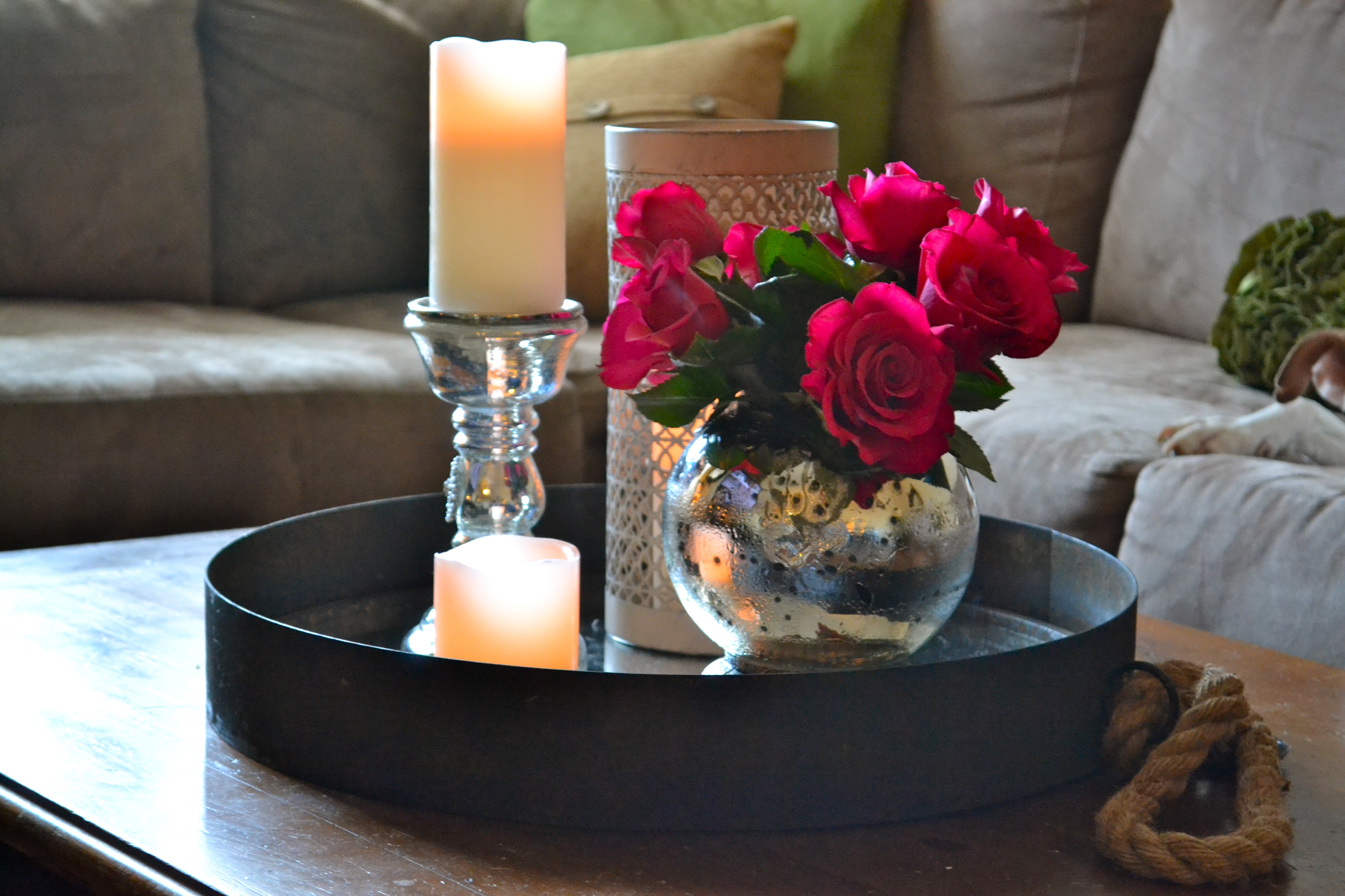 Tray Coffee Table With Candles And Flowers