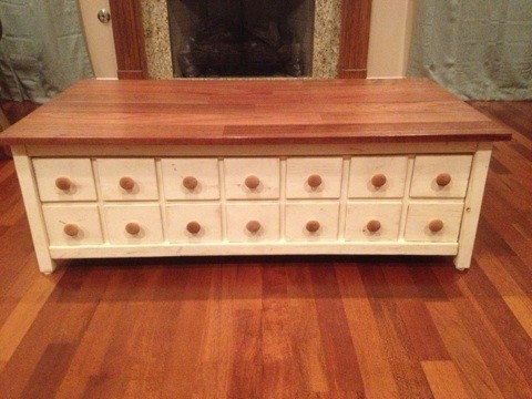 Wood Apothecary Table With White Boxes