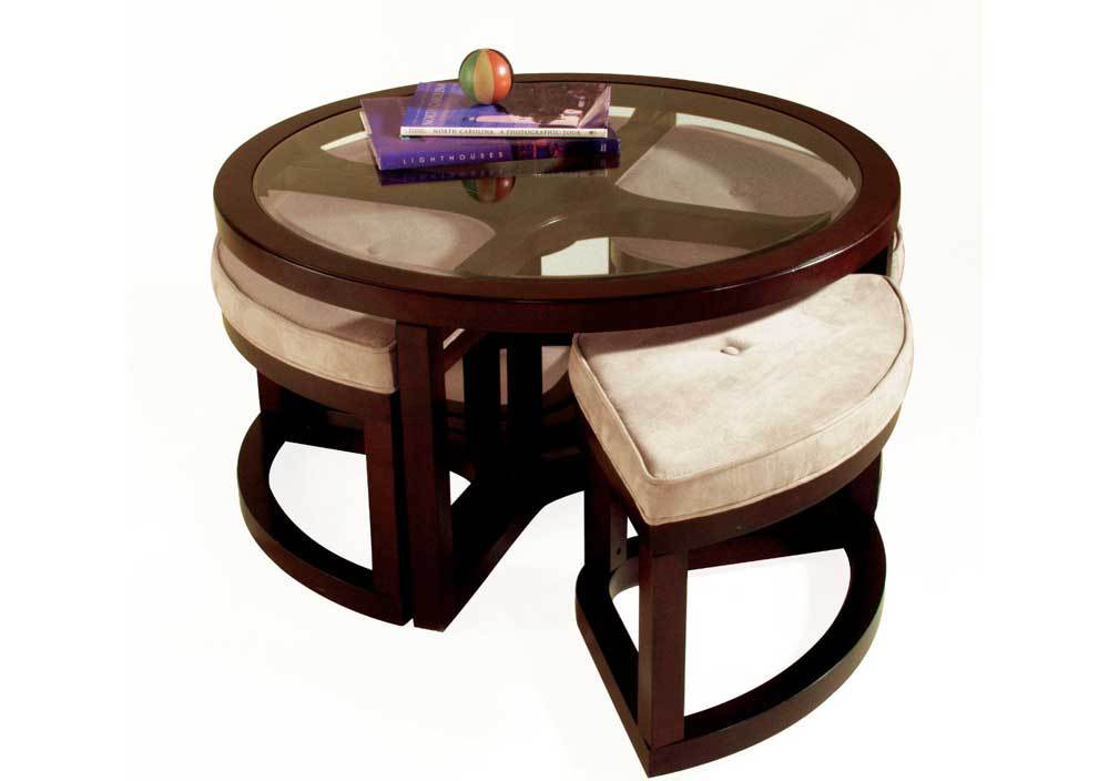 Wooden Round Coffee Table With Four Stools